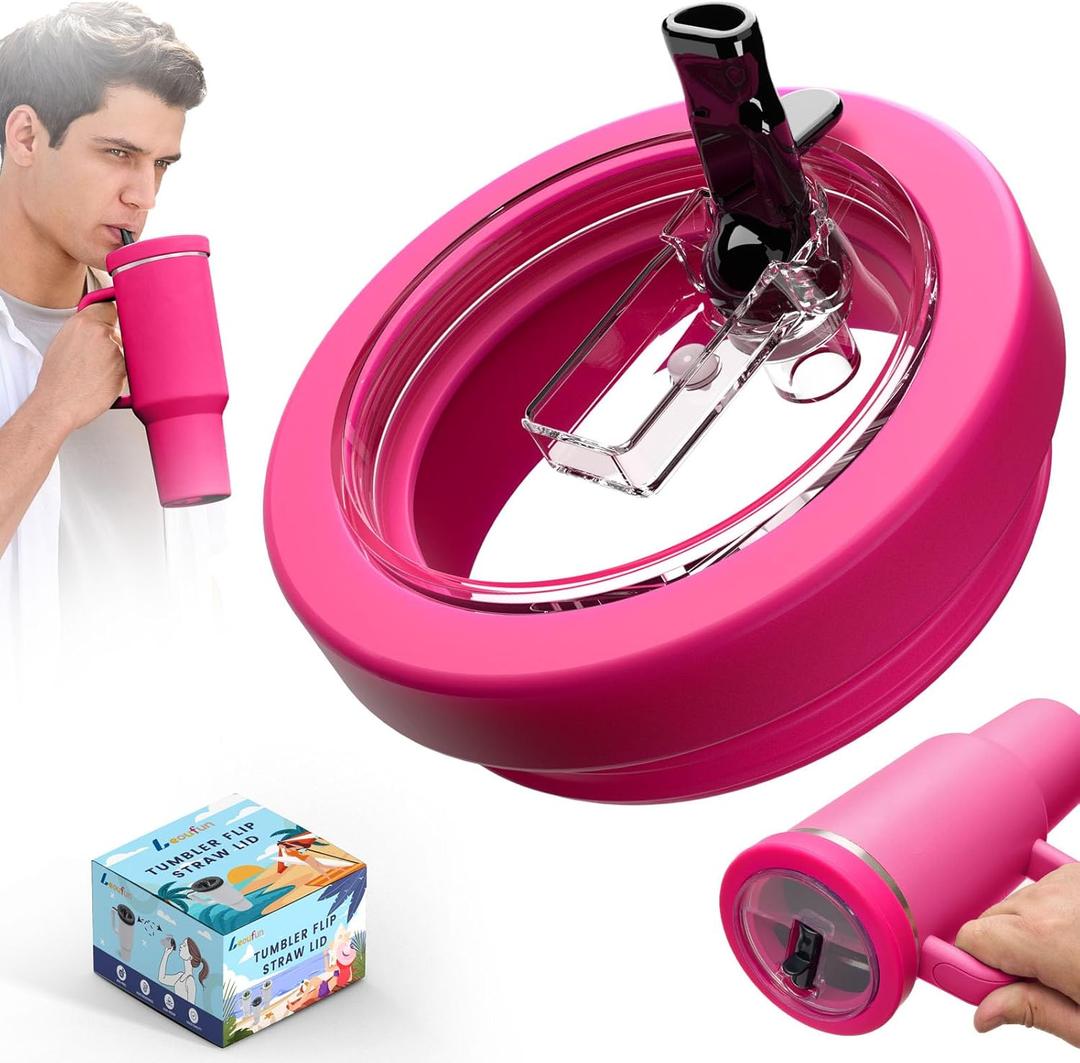 Tumbler Flip Straw Lid Compatible with 40 Oz Stanley Quencher, Leak-Proof Replacement Tumbler Lids, Silicone Spill Proof Cup Cover Accessories with Cleaning Brush (Fuchsia)