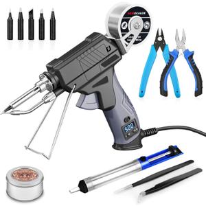 Soldering Iron Kit, Auto Feed Soldering Gun with LCD Display and 1C Precision Temp Control, 8-in-1 Set with Wire, Pump, Tip Cleaner, 5 Tips for Electronics Repair DIY, PCB, SMD (Gray)