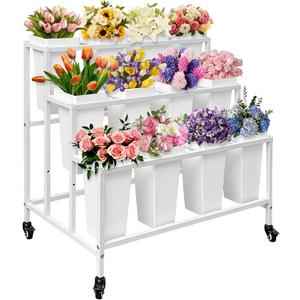 PROLEE Flower Stand with 12 Buckets, Flower Display Stand with Wheels, Flower Cart, Moving Florist Bouquet Shelf, Rectangular, White