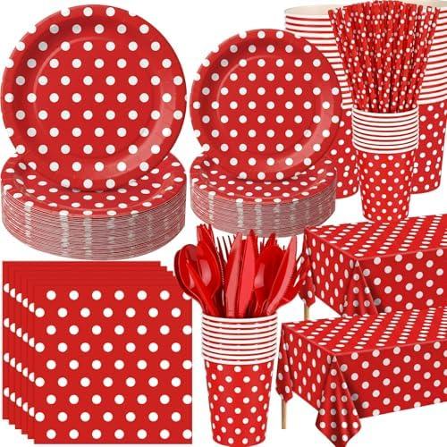 Funnymoom 452 Pcs Red Polka Dot Party Supplies for 50, Red and White Polka Dot Paper Plates Napkins Cups Tablecloth Cutlery Straws for Mouse Birthday Carnival Family Picnic Barbecue Party Decoration