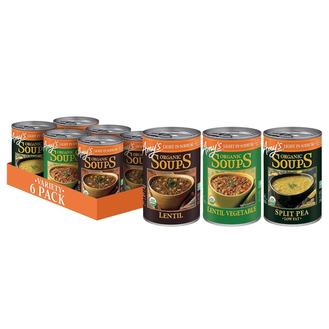 Amy's Soup, Organic Light in Sodium Variety Pack, Vegetable, Split Pea and Lentil Canned Soup, Made With Organic Vegetables, Pack of 6 (EXP 08/31/28)