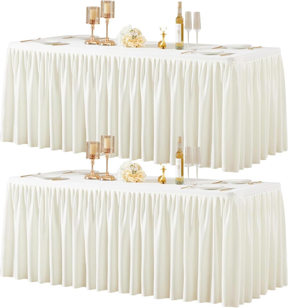 2 Packs Ivory Spandex Tablecloths Rectangle Tables 6ft, Stretch Fitted Table Covers for 6 Foot Tables Wrinkle Free Rectangle Table Cloth with Skirt for Birthday Party Events Banquette Baby Shower