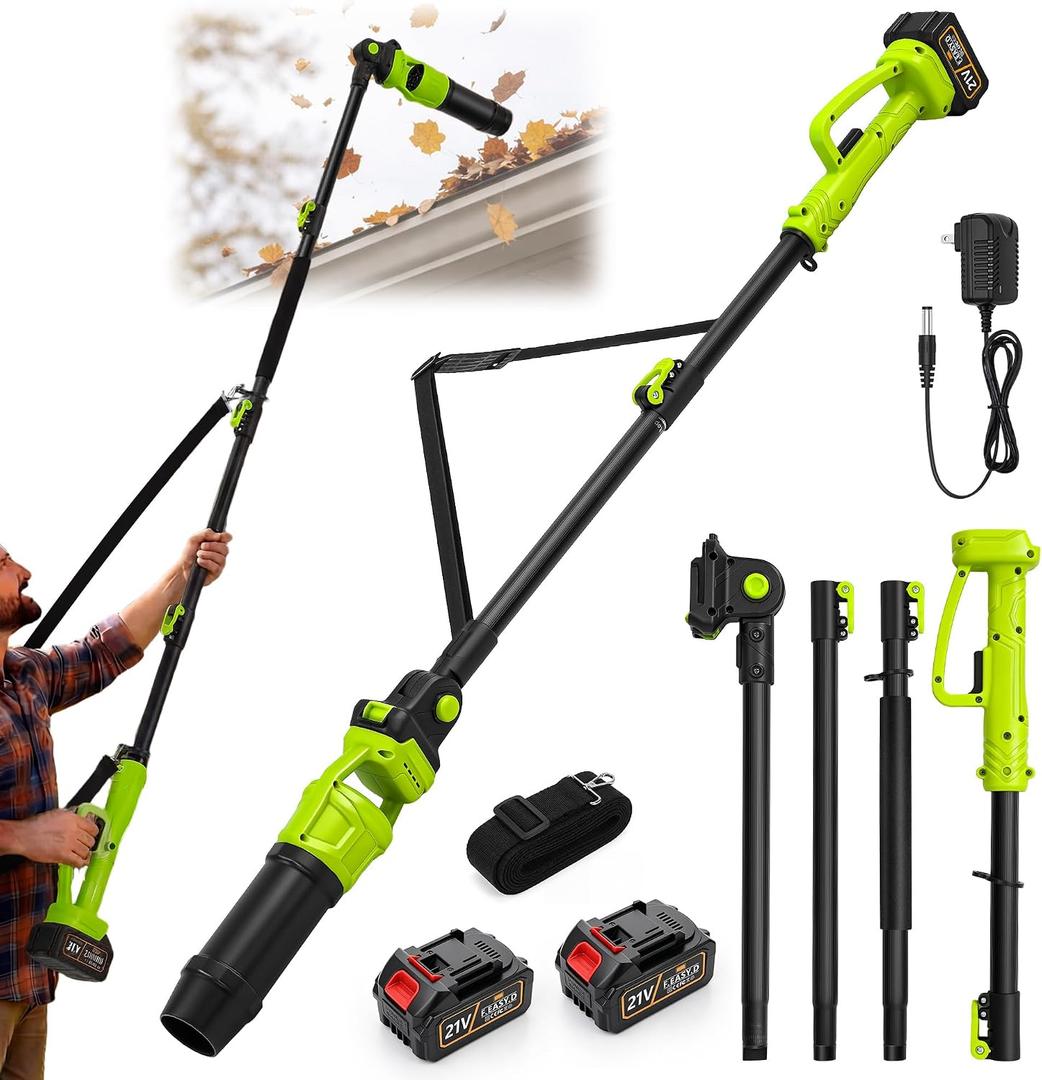 Roof Gutter Cleaning from The Ground 93 in, Leaf Blowers Cordless with 2 Batteries 21V, 580CFM/180MPH Gutters Cleaning Tool with Adjustable Pole, Gutter Cleaner with Adjustable Shoulder Strap, Charger