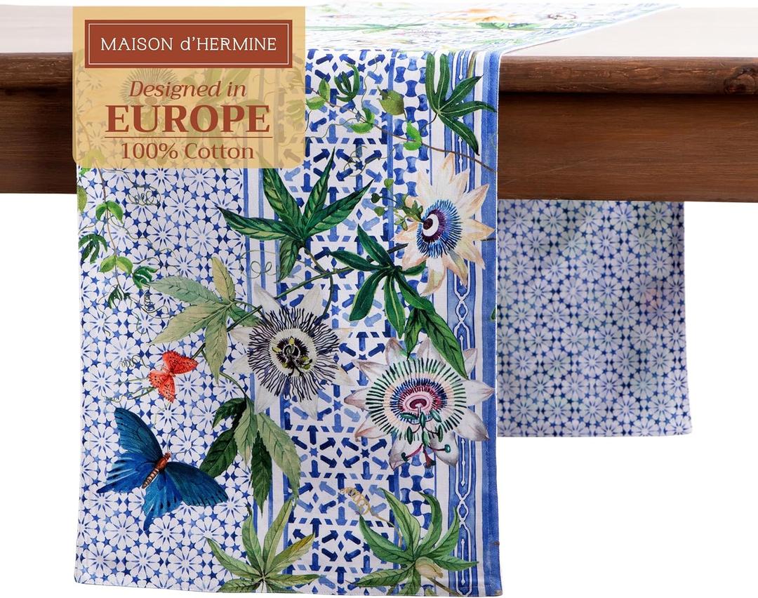 Maison d' Hermine Table Runner 100% Cotton Double Layer Table Runners 108 inches Long Decorative for Home Kitchen Dining Party Farmhouse Hotel Restaurants Spring Summer - Passiflora