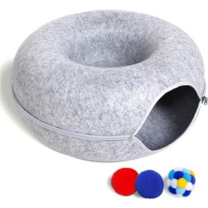 Cat Tunnel Bed for Indoor Cats with 3 Toys, Scratch Resistant Donut Cat Bed, Up to 9 Lbs (M 20x20x9, Light Grey)