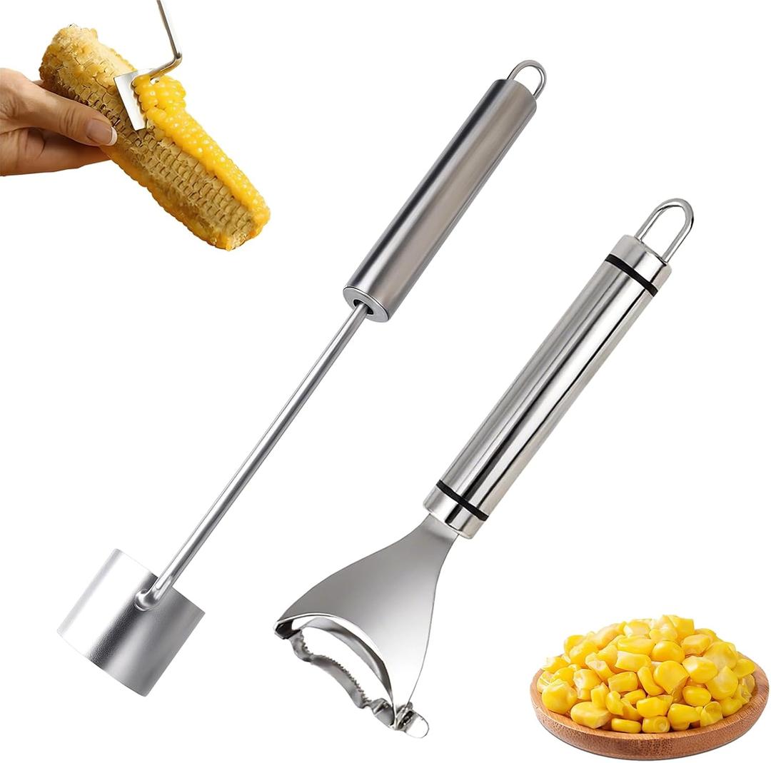 2 Pack Corn Peeler on the Cob, 2 Styles Stainless Steel Corn Stripper with Long Handle, Easy to Clean, Metal Popcorn Cutter Tool for Home Kitchen Meal Prep BBQ and Outdoor Use
