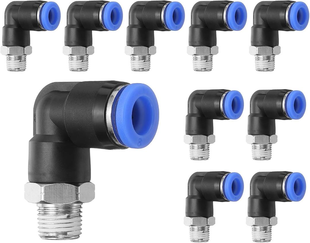 HARFINGTON 10pcs Push to Connect Fittings Male Elbow 5/16 Inch Tube OD x 1/8 Inch NPT Thread Plastic Quick Connect Air Hose Pneumatic Fitting Kit Push Lock Connector PL8-N01, Blue