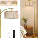 Oneach 62.5'' Gold Arc Floor Lamp for Living Room, Rattan Boho Floor Lamp with Remote and Dimmable Bulb, 3 Color Temperatures, Farmhouse Rustic Modern Standing Lamp for Bedroom Office Corner