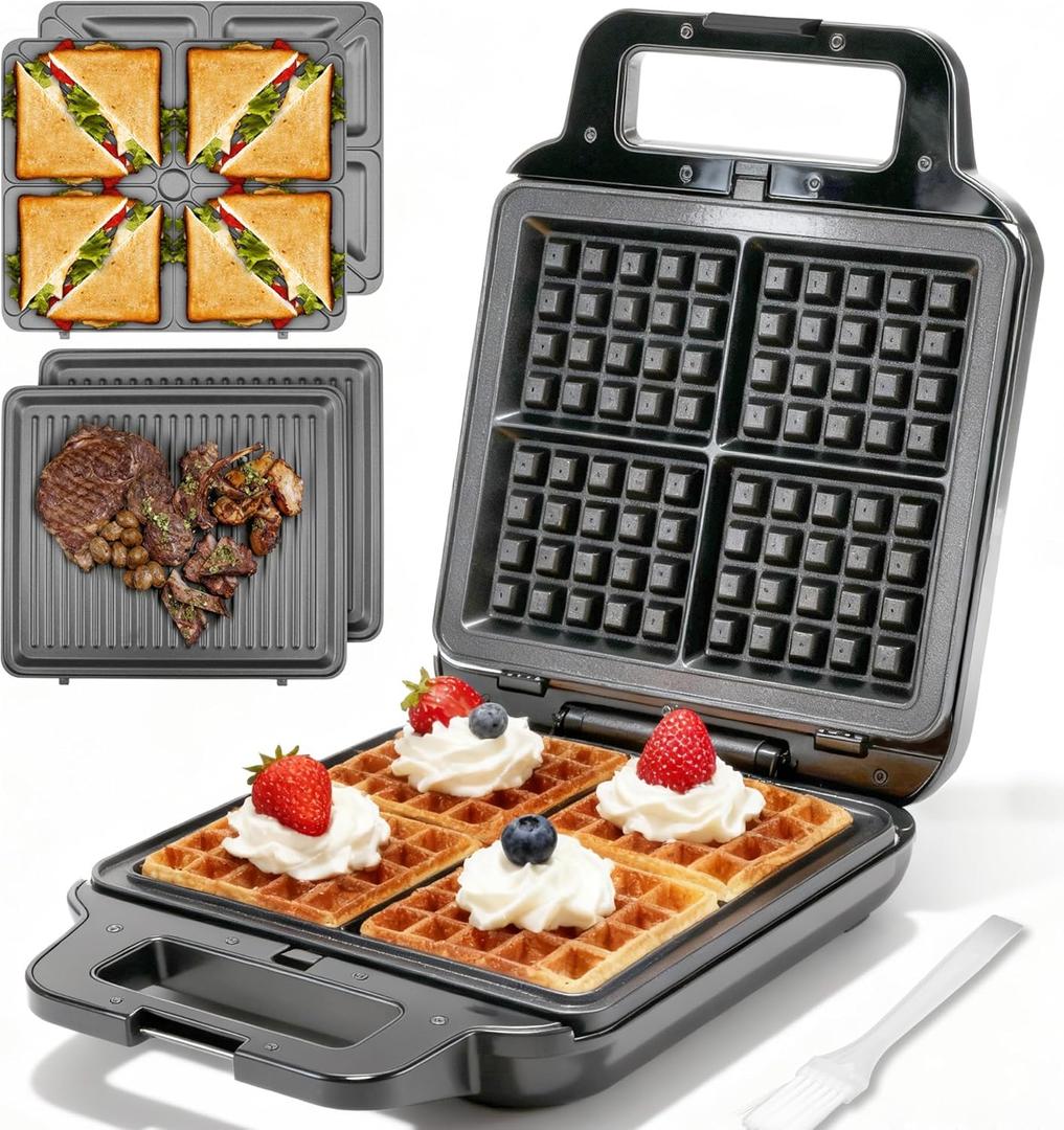 Belgian Waffle Maker with Removable Plates, Waflera Electrica, Large Waffle Iron, 3 in 1 Panini Grill Press Breakfast Sandwich Maker, Electric Griddle, Grilled Cheese Maker, Breakfast Station