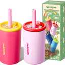 Kids Stainless Steel Cups with Straws and lids | 12 oz Spill-Proof Sippy Smoothie Tumbler Set, Small Kids Snack & Drink Water Cups, BPA-Free, Dishwasher Safe, with Box (Age: 3+ years old & up) (Pink)