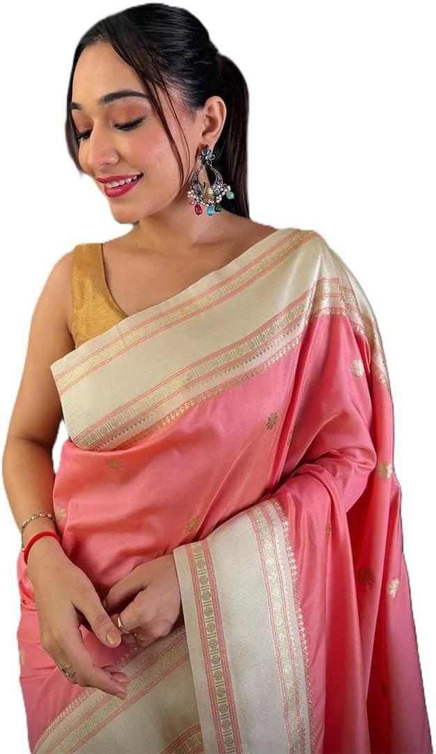 Indian Women's Radiant_Soft Silk Floral Butta Saree With Unstitched Blouse Piece Partywear/Wedding/Festive Gift Item Pack Of 1 (Peach) (Pink)