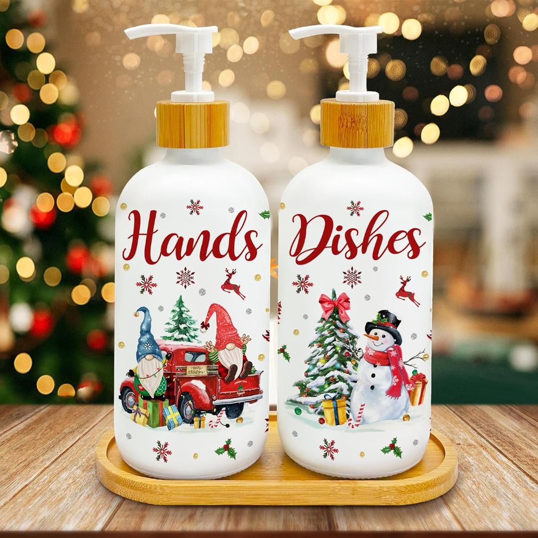 Hexagram Christmas Soap Dispenser Set of 2, Christmas Kitchen Decor, Xmas Gnome Snowman Glass Soap Dispenser for Home Indoor Decorations, Xmas Refillable Lotion Essential Oil Dispensers with Pump