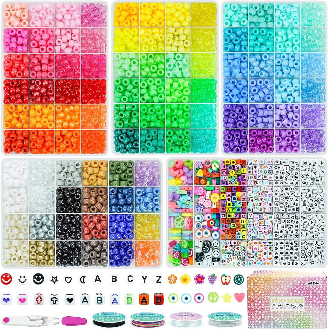 5 Boxes Bracelet Making Kit Pony Beads, 96 Colors 6x9mm 3500Pcs Kandi Rave Beads for Bracelets Friendship Plastic Bead with 800Pcs Letter Bead Arts and Crafts for Kids Adults Keychain Jewelry Making, Large