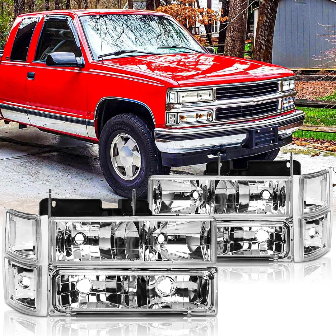 Headlights Assembly for 1994 1995 1996 1997 1998 OBS Chevy Silverado C/K 1500 2500 3500 Suburban, 1995-1999 Replacement Tahoe Headlamp w/Bumper Light,Chrome Housing Clear Reflector