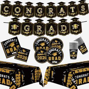 2 x OHOME Graduation Decorations 2026 - Graduation Decorations Class of 2026 - Serve 24 - Black Plates Tablecloth Napkins Cups Banner - Graduation Party Favors Supplies