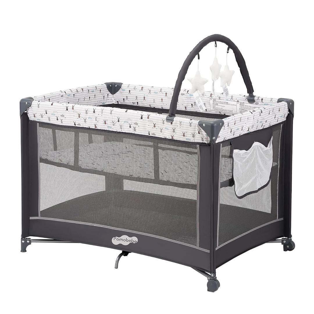 Pamo Babe Portable Playard,Sturdy Play Yard with Padded Mat and Toy bar with Soft Toys (Grey)