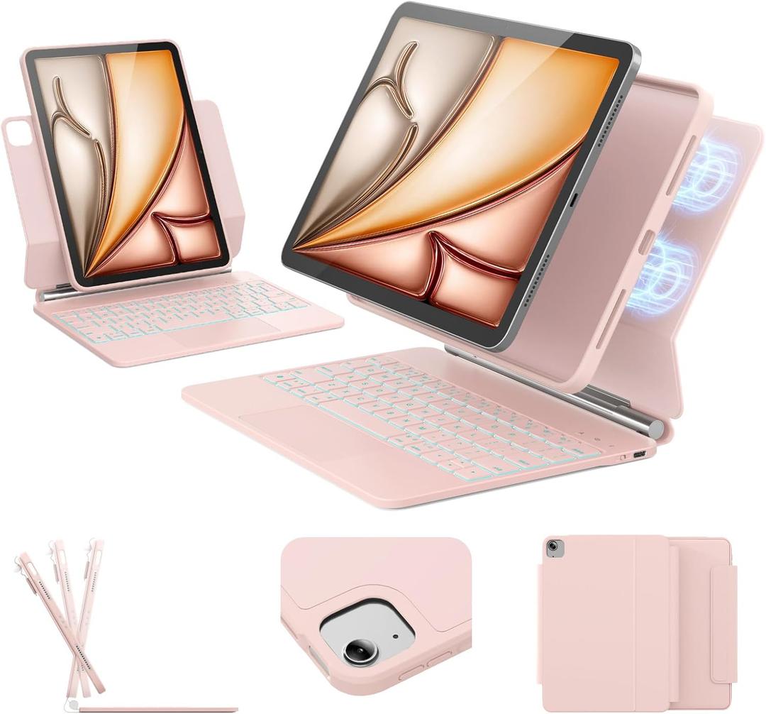 for iPad Air 11-inch Case with Keyboard (M3/M2, 2025/2024), Keyboard for iPad Pro 11" (1/2/3/4th Gen) & Air 4/5, Portrait/Landscape Mode, 11-Color Backlit, Removable Protective Case, Pink