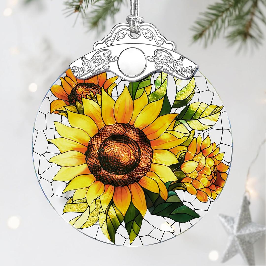 4 x Sunflower Ornament, Stained Glass Christmas Decorations, Christmas Ornaments for Tree, Holiday Ornament, Sunflower Gifts, Holiday Party Gifts, Gift Ideas & Xmas Gift