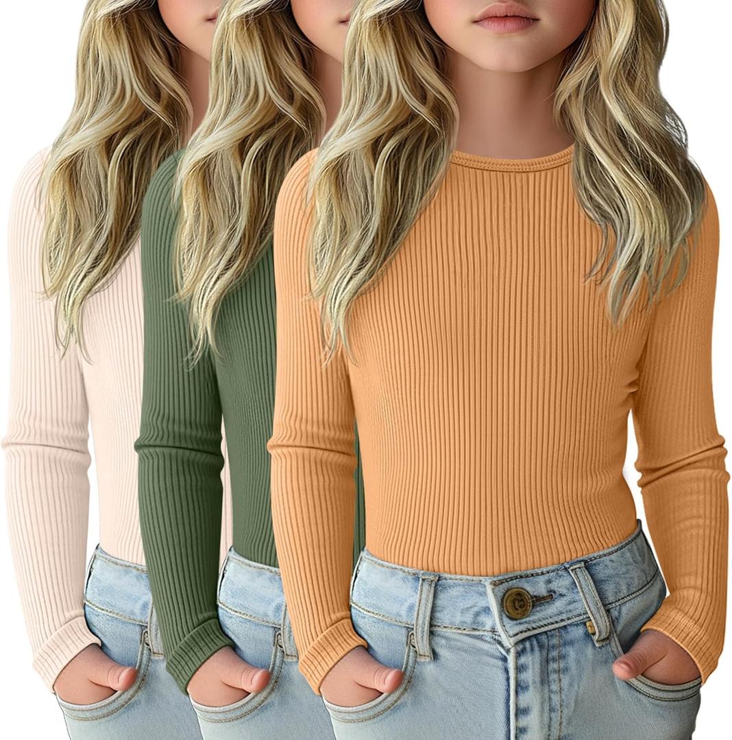 3 Pack Girls Long Sleeve Shirts Ribbed Knit Cotton Layering Tops Slim Fit Crewneck Casual Undershirts (11-12 Years, Cream, Dark Green, Orange Yellow) XL 