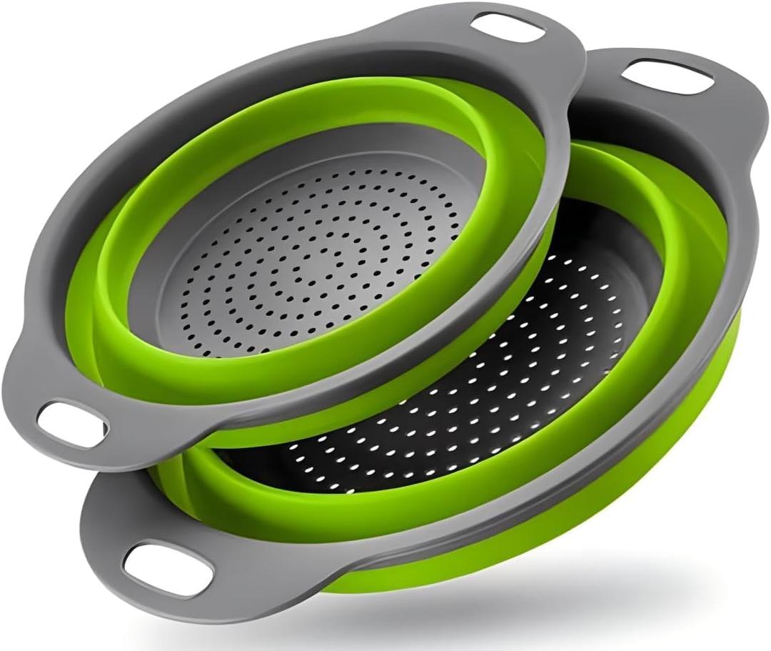 2 Pack Collapsible Silicone Colander with Handle, Over Sink Foldable Food Strainer, BPA-Free Space Saving Drain Basket for Vegetables, Fruits, Pasta, Kitchen & Camping (Green)