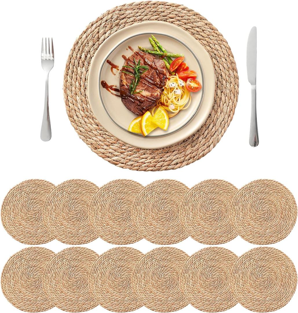 13.8'' Round Woven Placemats Set of 12, Boho Rattan Chargers for Dinner Plates, Rustic Wicker Place Mats, Straw Braided Table Placemats, for Dining Table Decor, Wedding, Farmhouse and Home Decor