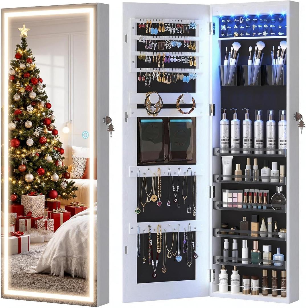 LVSOMT LED Mirror Jewelry Cabinet, Wall/Door Mount Jewelry Armoire Organizer with Lights, Full Length Mirror with Jewelry Storage, Over the Door Hanging Jewelry Cabinet (White)