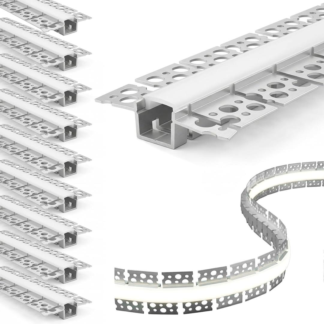 TONGMO 10 Pack Flexible Plaster in LED Channel, 3.3 FT Each Bendable Curved Recessed Drywall Aluminum LED Channel with White Diffuser for 12mm LED Strips, 30 End Caps Included