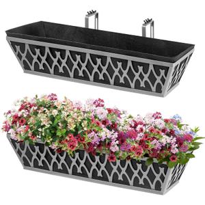 2 Pack 24 Inch Window Boxes Planters Railing Planter Box with Adjustable Brackets & Non-Woven Fabric Plant Grow Bags Deck Railing Planter Boxes Balcony Hanging Flower Box for Outdoor Plants