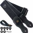 Nefelibata Guitar Strap with Pick Pocket,2.3 inch Porter Style Vegan Leather Carving Guitar Straps,60s Vintage StyleBlack