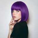 Bob Wig, 12 Inch Short Bob Dark Purple Wig with Bangs, Synthetic Heat Resistant Dark Purple Wigs for Women Girls with Wig Cap, Colourful Hair Wigs with Adjustable Straps for Party Cosplay Daily Use