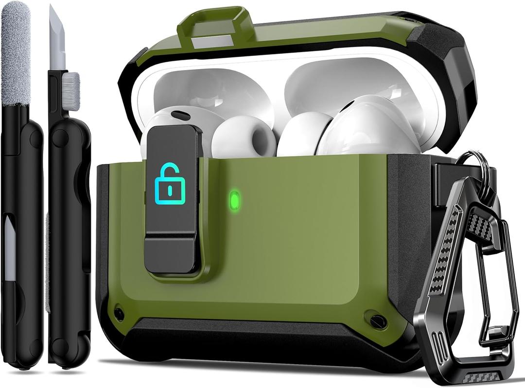 R-fun for AirPods Pro 3 Case (2025) Cover with Cleaning Kit, Military-Grade Heavy-Duty Drop-Resistant with Auto Pop-Up Lid for AirPods Pro 3rd Generation 2025 USB-C Charging Case, Army Green