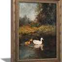 Vintage Gold Framed Duck Wall Art, Rustic Farmhouse Duck Lake Landscape Painting Canvas Prints, Pond Wildlife Wall Decor, Cottagecore Ducklings Poster Artwork for Living Room Bedroom Kitchen 16x24in