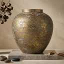 Flower Vase for Home Decor, 11.4" Large Decorative Metal Vase for Pampas Grass, Modern Rustic Textured Iron Vase Centerpiece for Modern Farmhouse Table Living Room Entryway, Gold Distressed