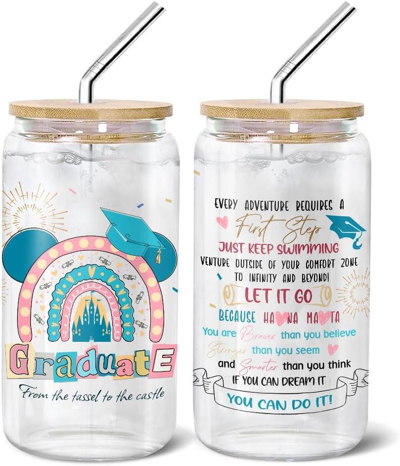 Cute, Graduation Castle, Glass Cup Tumbler 16 Oz With Lid And Straw, Graduation Gifts, Cute Bamboo Lid Straw Blue Decorations Glass Cup Heart Coffee Glass Mug Iced