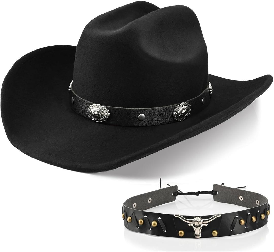 100% Wool Western Cowboy Hat for Men Women Classic Fedora Hat Felt Cowgirls Hats with Two Decorative Bands (Medium-X-Large)