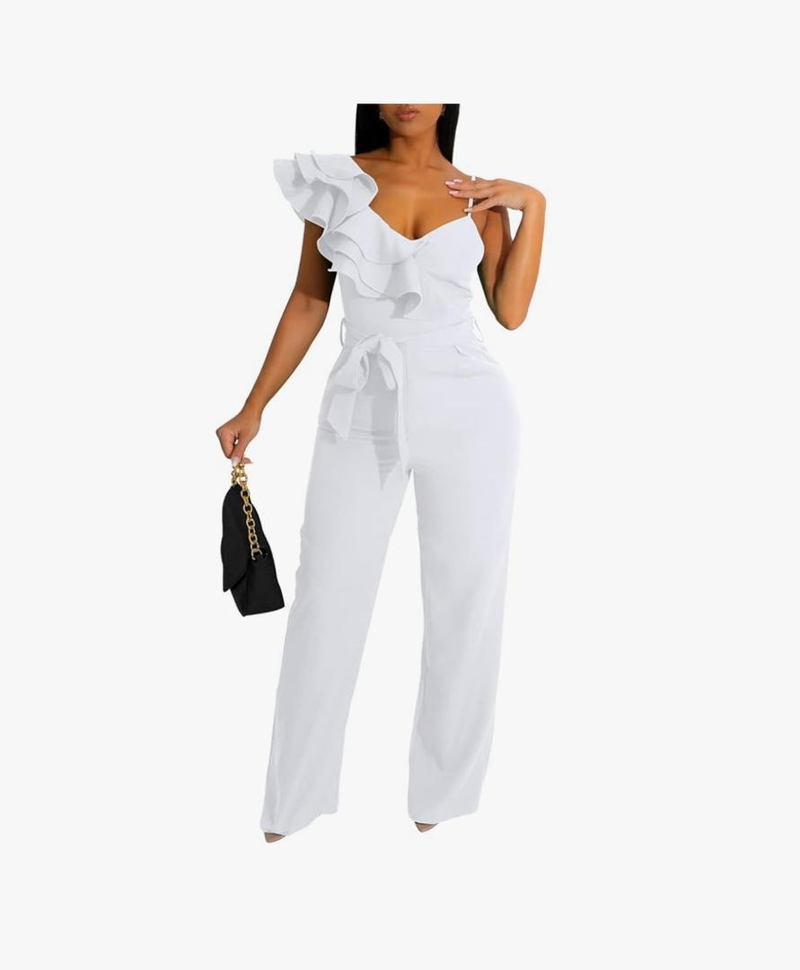 kaimimei Womens Casual Jumpsuits V-Neck Sleeveless Ruffle Backless Belted Wide Leg Pant Sexy Romper Party Clubwear Large, White 