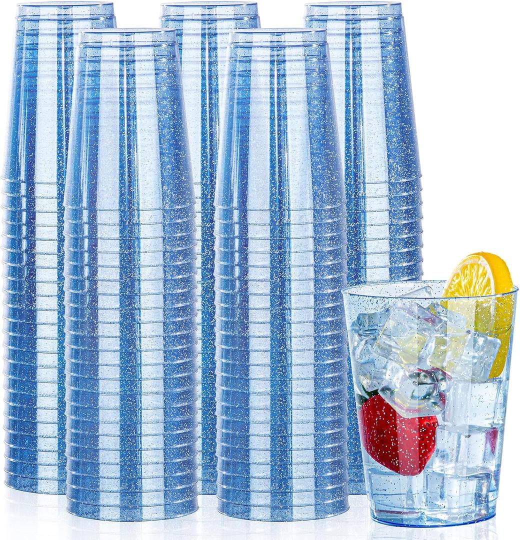 DaYammi 100 Pack Blue Plastic Cups 10 oz Disposable Cups Tumblers, Elegant Blue Glitter Party Drinking Cup Perfect for Wedding, Fancy Disposable Cup Plastic Cocktail Glasses Wine Glasses for Party (Blue Glitter)