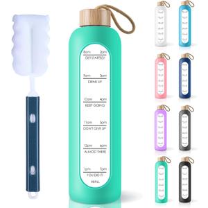 PROBTTL 32 Oz Borosilicate Glass Water Bottle with Time Marker Reminder Quotes, 1 Liter Leak Proof Reusable BPA Free Motivational Water Bottles with Silicone Sleeve and Bamboo Lid (Aqua)