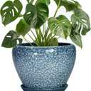 Ceramic Planter Pots - 8 Inch Planters for Indoor Outdoor Plants, Modern Flower Pot with Drainage Hole and Saucer, Round Ceramic Planter, Bookshelf Decor, Gifts for Gardeners, Stone Blue