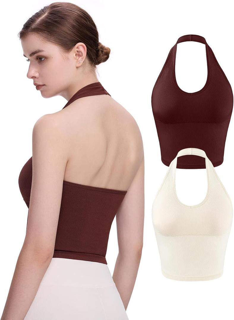 Eleplus 2 Pieces V Neck Halter Crop Tanks Tops for Women Backless Going Out Tops Workout Sport Bra, Pack of 2