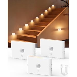 Yiliaw Motion Sensor Stair Light, White Automatic Lights with Magnetic Mount, Rechargeable Night Lights Indoor, Dimmable Battery Operated for Hallway, Stairway, Bathroom, Closet, Kitchen, 3 Pack