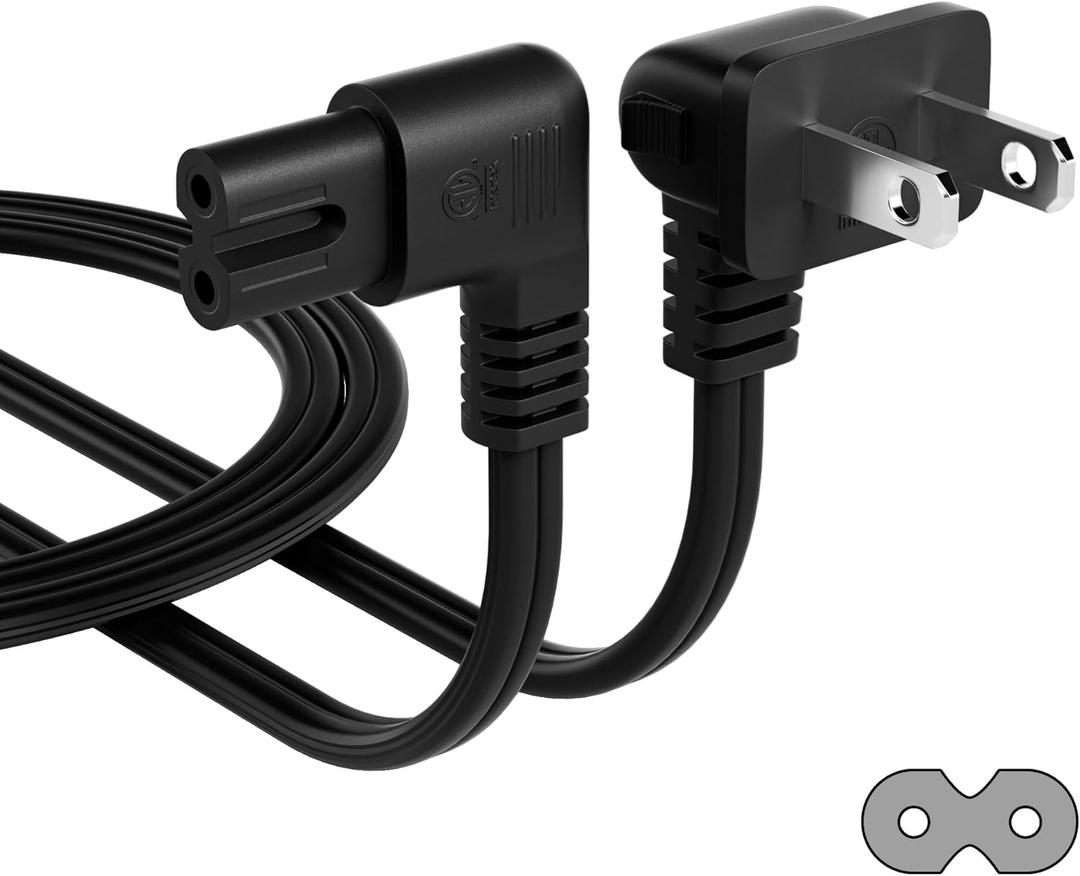 Angled 2-Slot Non-Polarized Angle Power Cord 25 FT, 90 Degree L-Shaped TV Power Cord, IEC320 C7 to NEMA 1-15P, 2 Prong Replacement Cable, Figure 8, Black