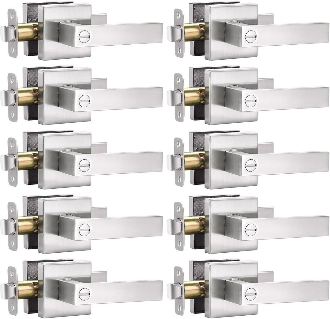 10 Pack Square Door Lever Privacy Door Lock Handleset, Keyless Lockset Door Knobs Interior Door Knobs Storage Room Bathroom Set Reversible Keyless Flat Levers in Satin Nickel