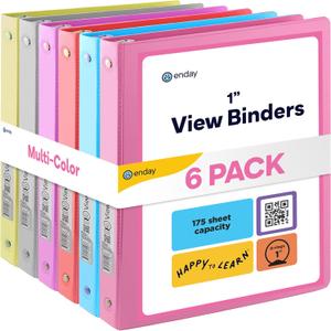 3 Ring Binder 1 Inch, 1 Clear View Cover with 2 Inside Pockets Round Ring Binder, Colored School Supplies Binders, in Grey, Pink, Blue, Purple, Green, and Red, Multicolor (6 PC)  by Enday