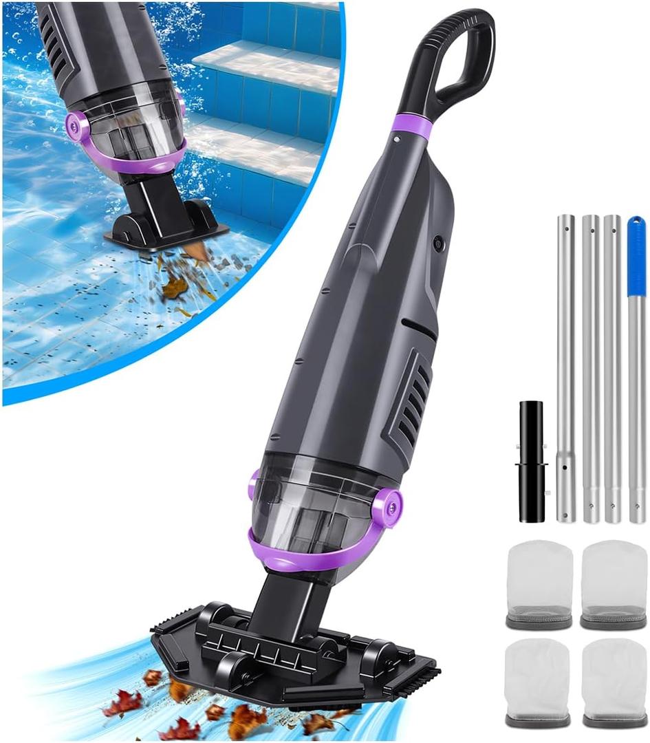 Cordless Handheld Pool Vacuum Cleaner with 4 Filter Bags, Suitable for Ultra-fine Impurity Filtration|Dual Brush Heads+Aluminum Poles|20.5 GPM Suction-Powerful Spa Vacuum for Hot Tub-Purple