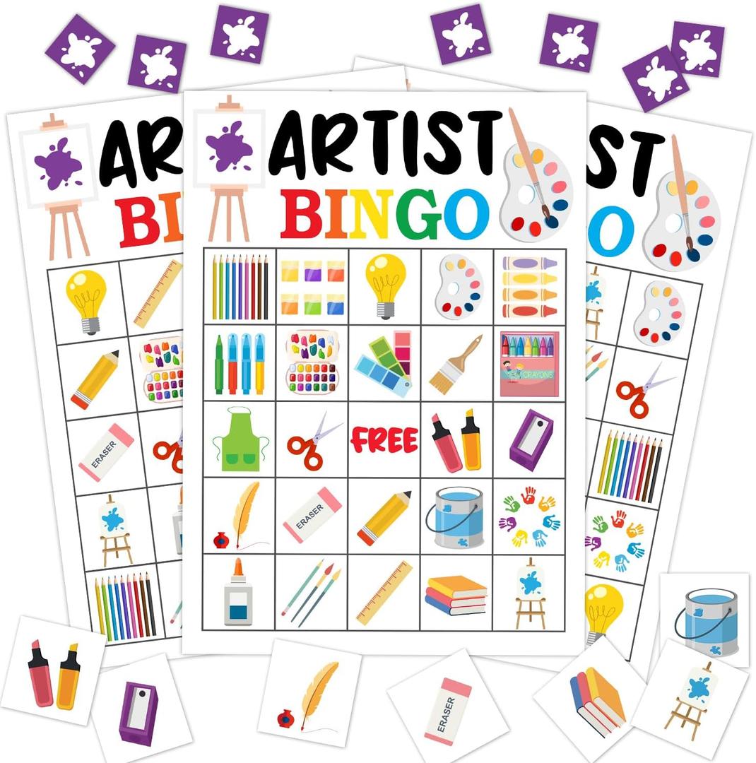 Artist Party Bingo Game, 24 Player Art Bingo Cards Set for Family Friend Activity, Painting Party Favor Decoration Holiday Supplies -a03