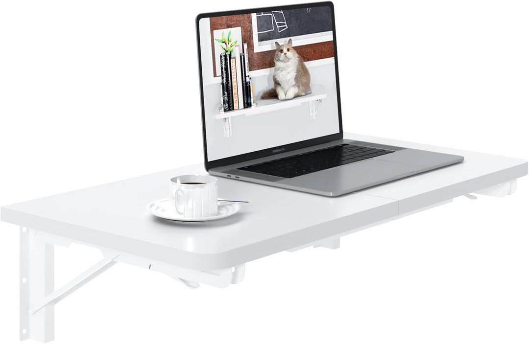 TEAMIX Wall Mounted Desk, White Folding Desk for Small Spaces Floating Shelf Organizer with Heavy-Duty Brackets for Home Office (23.6"W x 11.8"D)