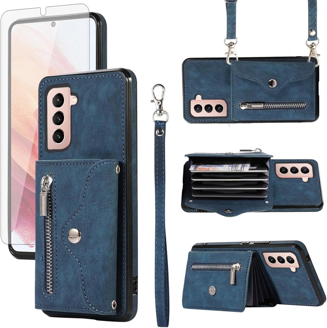 Phone Case for Samsung Galaxy S21 5G 6.2 inch Wallet Cover with Tempered Glass Screen Protector and Wrist Crossbody Strap Lanyard Credit Card Holder Stand Shoulder Slot Leather S 21 21S G5 Blue