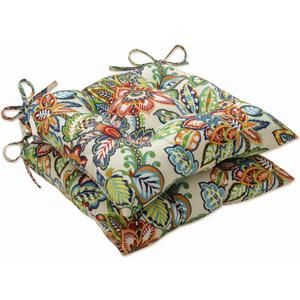 Pillow Perfect Bright Floral Indoor/Outdoor Tufted Wicker Chair Pad With Ties, 2 Count, 18.5" x 19", Blue/Green Copeland