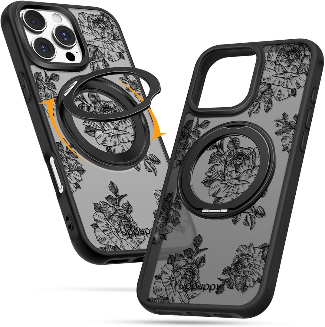 Uppuppy for iPhone 16pro Case - Compatible with MagSafe for Women Girls Bulit-in 360 Rotatable Magnetic Ring Holder Kickstand Cute Aesthetic Line Art Flower Design for Apple 16pro